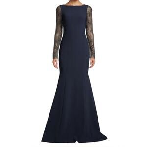 Theia Midnight Blue Lace Jeweled Long Sleeve Boat Neck Mermaid Gown sz 8 NEW Tag